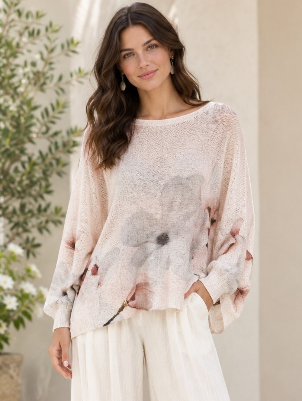 Anna Melani  Cream Floral Open Knit Pullover Sweater Made In Italy Sz L Romantic